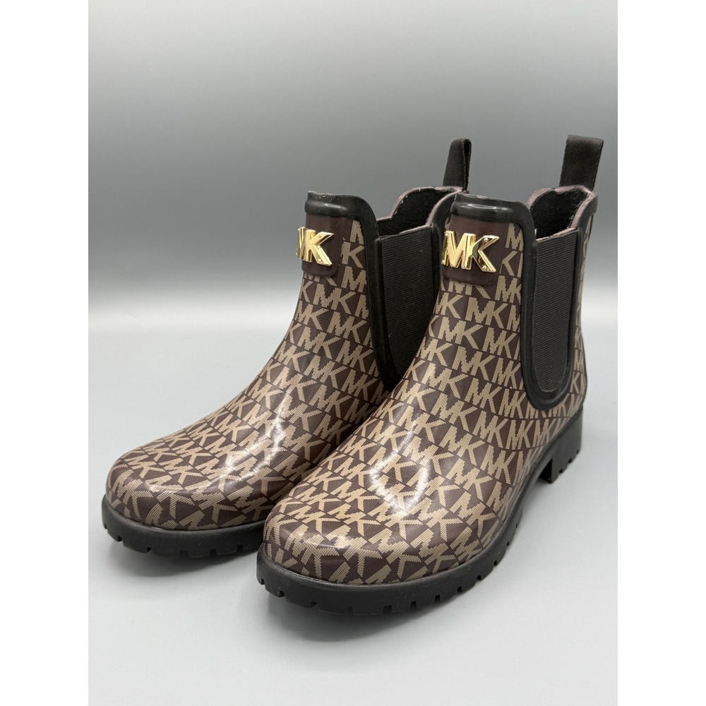 Michael Kors MK Signature Monogram Brown Rubber Rain Boots Ankle HT21H Womens 7M